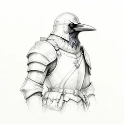 ink sketch of a raven in armor with lots of pouches and a helmet, dieselpunk high fantasy, simple full humanoid body. ancient stone well, by chris riddell, ilya kuvshinov, wlop, krenz kushart, boris vallejo, ayami kojima and ayami kojima
