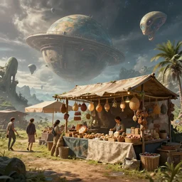 a market stall on an alien planet. sci - fi. strange. detailed. meticulously rendered. hyperdetailed. trending on artstation. imax. deviant art. epic sky. astrophotography.