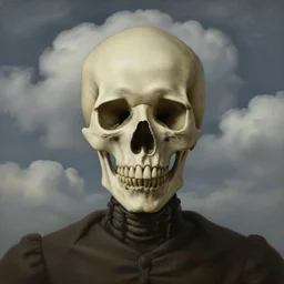 portrait of a death, clouds in the background, by rene magritte, detailed painting, distance, middle centered, hd, hq, high resolution, high detail, 4 k, 8 k