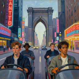 four guys drove one into the gateway of the new york of the future, neon signs, in stile james jean, painting by greg rutkowski, j. c. leyendecker, artgerm