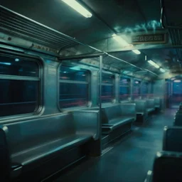 ! dream! dream interior of a train car traveling at high speed. distorted night light enters from the windows by john berkey cyberpunk