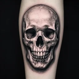 a beautiful tattoo design with a creative skull, in the style of den yakovlev, hyper realistic, black and white, realism, highly detailed