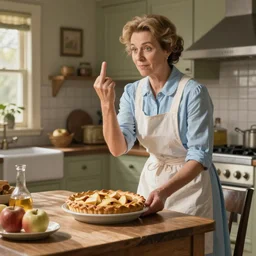 housewife putting a hot apple pie on kitchen table, light blue dress, apron, sticking up her middle finger, artwork of norman rockwell