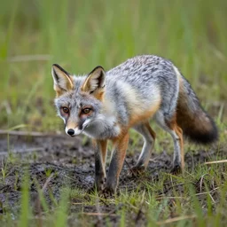 silver fox, sneaking through a swamp