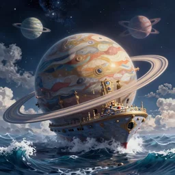 treasure planet, ship on a stormy sea with huge waves, clouds, stars, rings, beautiful lighting, vivid colors, intricate, elegant, smooth, highly detailed digital painting, concept art, cinematic, unreal engine, wallpaper, by syd mead, terada katsuya, atey ghailan, svetlin velinov, makoto shinkai art style