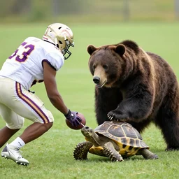 a bear was playing football with a turtle on the football