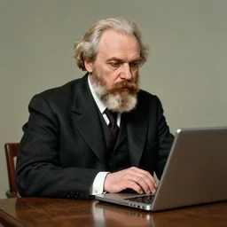 photograph of lenin using laptop, color, studio lighting