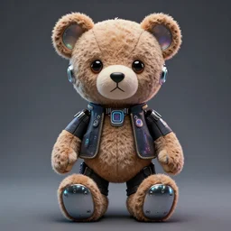portrait of a plush teddy bear, with cool cyberpunk dressing and implants, by greg rutkowski, wlop, beeple, dan mumford. octane render, trending on artstation, greg rutkowski very coherent symmetrical artwork. cinematic, hyper realism, highly detailed, octane render, 8 k, iridescent accents