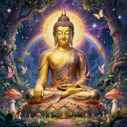 buddha full body portrait on the ground in a sacred sanctuary, enchanted cosmic forest, mushrooms on the ground, small fairies, stars in the sky, butterflies, rainbows, psychedelic, wide angle shot, vector art, optical illusion, heavenly, high contrast 4 k, fantasy poster by helen huang and frank frazetta and salvador dali