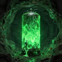 secret under ground base with a green glowing uranium tank, concept art, digital art, octane render, xray melting colors