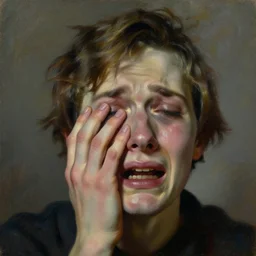hyperrealism oil painting of a person crying, by rene magritte, by edward hopper