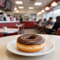 a donut, chocolate frosting, on a plate in a busy diner, wide angle, cinestill 800