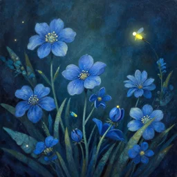 beautiful _ _ _ digital _ _ _ matte _ sharp _ focus _ _ _ painting _ _ _ of _ _ _ whimsical _ _ _ botanical _ _ _ illustration _ _ _ blue _ _ _ flowers _ _ _ fireflies _ _ _ enchanted _ _ _ dark _ _ _ background _ _ _ whimsical