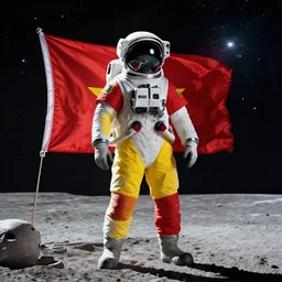 an astronaut in red on white on yellow costume holding vietnam flag, standing on the moon, cinematic composition, concept art by greg rutkowski, cosmic background, octane render