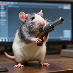 hyper - realistic bipedal rat!!!!!! ratrapper! biggie cheese aiming a gun at your head, barrel towards towards the screen from the new science fiction movie, 8 k, f 1. 8