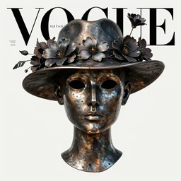 a head made out of metal, dark palette, it is wearing a hat with flowes, vogue cover style, greg rutkowski style