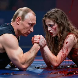 arm wrestling between ( vladimir putin ) and ( ( ( a young pretty girl with long hair and blue eyes ) ) ), hyperrealistic, digital concept art, caricature illustration, bloody, violent. horror. art by gaston bussiere