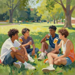 an edward hopper style painting of a young generation z group of friends drinking in a park on sundah