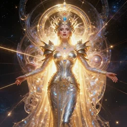 portrait of the powerful empress of the solar system in the style of anna dittmann and in the style of donato giancola and in the style of charlie bowater. glowing, ornate and complex, stunning, dynamic lighting, intricate and detailed.