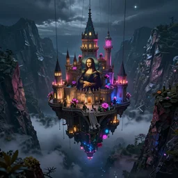 [Em resposta a Tiago 3D] [ Álbum ] an immense floating castle, in the midst of high mountains, hanging by chains, inside a gorge, below only cloud dark void, 8k resolution, artstation trends by Anita Kunz, Leonardo da Vinci, Peter Mohrbacher, Tomasz Jedruszek and Jakub Różalski, Trending on artstation. highlights 8k resolution unreal engine hiperrealistic neon glow darkness dramatic hdr dramatic flower neon stellar color scheme