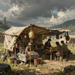 an concept art, street vendors, makeshift stalls, fantasy, ultra realistic, style by dylan cole and artgerm, matte painting, trending in artstation, cgsociety