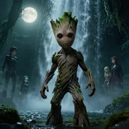 full shot portrait of angry darkness Groot under waterfall at moonlight, inspired by Tim Burton, Norihiro Yagi, Marc Simonetti, Amano, Juri Misaki, Giger, darkness background, detailed, unreal engine 4k volumetric light, fog, dark green color palette