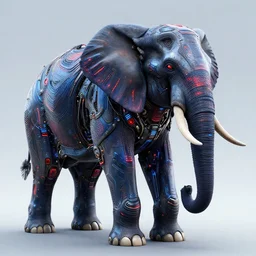 hyper realistic cybertronic armored elephant. high details. blue and red leds. complex mechanical body. intricate, trending on art station, 8 k render.