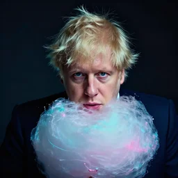 dramatic lighting photo of a beautiful boris johnson with cotton candy hair. paint splashes. moody and melancholy. with a little bit of cyan and pink