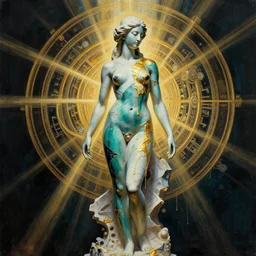 comics by camille corot, zeng fanzhi, teal chinese abstract shattered statue standing in god rays, beautiful female body and golden glue dripping acrylic portrait, mechanical superstructure, sacred geometry, supermodel body, beautiful light, statue of carving marble, intricate 8 k render, dark mood, cinematic light, golden spirals, clockwork