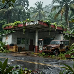 heavy rain, the last of us : part 2 style, a gas station that has been forgotten for many years in the tropical rain forest, a collapsed road, a rusty jeep, and material crates stacked beside it. everything is covered by vegetation. by sergey vasnev and jan urschel, matte painting, real lighting, ponding