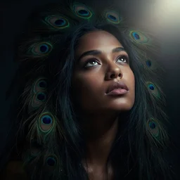 dramatic lighting portrait of a beautiful! young woman with very dark skin and peacock hair. moody and melancholy. dark background with powerful backlight. enhanced eye details with reflection, looking up. art by marc chagall