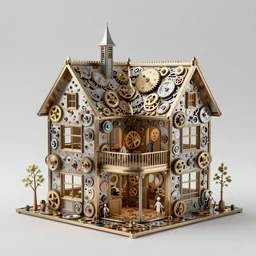 beautiful house made of mechanical watch parts, gears, cogs, jewels, architectural render, by jaroslaw jasnikowski, by gabriel dawe, by skottie young, by jessica rossier, by isaac cordal, metal architecture, trending on artstation, photorealistic, 8 k