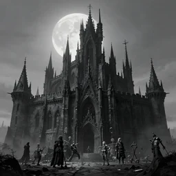 black majestic fantasy fortress under a pale moon in the style of marcin rubinkowski, greg rutkowski, lorenzo lanfranconi, oleg zherebin, trending on artstation, ultra wide angle