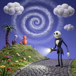 flash light, claymation, curled perspective digital art of spiral clouds cobblestone street with wildflowers top of a hill with spiral palmtrees from nightmare before christmas. horton hears a who!