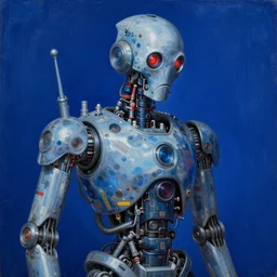 a portrait of a diesel punk robot, high detailed beksinski painting, part by adrian ghenie and gerhard richter. art by takato yamamoto. masterpiece, deep colours, blue