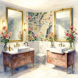 a hiper intricate watercolor of a beatiful modern bathroom with mirror and flowers, being built piece by piece, almost done, fibonacci, intricate, highly detailed, digital painting, artstation, concept art, extremely detailed, sharp focus, wide view, smooth, digital illustration, colorfull, by william turner art, by greg rutowski, by carl larson, by edmund dulac