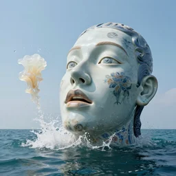 a massive porcelain sculpture of a surreal distorted human face throwing up jelly on the ocean water, in the style of johnson tsang, lucid dream series, cinematic, hyper - realistic, very detailed, realistic water splashes, ray tracing, 8 k resolution, long - shot, sharp focus, low angle, 8 5 mm photograph, wide lens