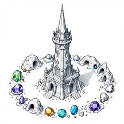 Isometric view of a wizard tower surrounded by different kinds of gem mines and ominous caves, lineart, colored