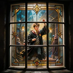 glass window, Harry Potter in the Art deko style , Dynamic lighting, cinematic, establishing shot, extremely high detail, photo realistic, cinematic lighting, , post processed