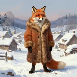 an anthropomorphic fox man wearing a long fur coat in a snowy village, character illustration by greg rutkowski, thomas kinkade, Howard Pyle, El Greco, Cynthia Sheppard