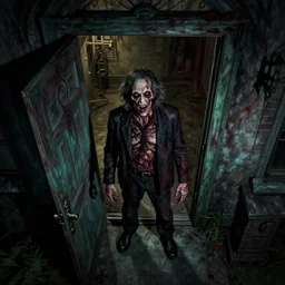 cinematic colorful horror artwork by artgerm, beksinski, bernie wrightson, stephen king ; real life full portrait of rotten hideous man standing at the open front door ; top angle aerial view ; dark ominous scary, 8 k hdr, creepy intricate ; volumetric dramatic lighting, insanely detailed, haunting