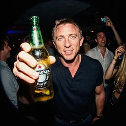 epic party with daniel craig while holding a heineken beer, fish eye photography