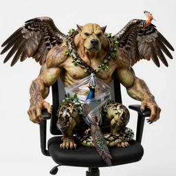 a high resolution realistic displacement portrait of an ork in a ergonomic chair, muscles normal map creature made of doglike class aves skin veins merged anaconda, bump map strangled by plastic wrap bower bird creature wrinkles pheasant, ivy complex feathers exotic morphing hoopoe, zebra morphing wings king vulture head