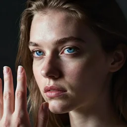 Kodak Portra 400, 8K, highly detailed, britt marling style 3/4 extreme closeup portrait of a extremely beautiful girl with blue eyes and light brown hair, four fingers maximum, high light on the left, non-illuminated backdrop, illuminated by a dramatic light, Low key lighting, light dark, High constrast, dramatic , nina masic ,Flora Borsi, dark background, high quality, photo-realistic, 8K
