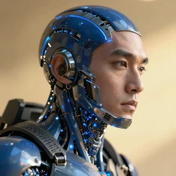 hyperrealistic close-up blue glow exoskeleton!! chinese man covered highly detailed concept art eric zener elson peter cinematic side soft yellow light low angle hd 8k sharp shallow depth of field