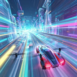 drone cam view. abstract flat intricate cybernetic colors. transparent holographic bg. motionblur. zoom lines. transparent holographic skyways. octane render of a screenshot from a futuristic sci - fi hovercar racing ps 4 videogame featuring floating roads. f - zero gx. san francisco rush 2 0 4 9. redout 2. wipeout series. energetic, lively electrifying.