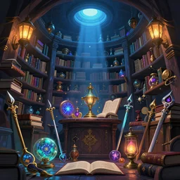 a magicians chamber, filled with books, magic artifacs and magic weapons, lanterns, light from above, blue toned, low angle, glowing lights, epic fantasy, colorfully, detailed illustration, digital art, highly saturated colors, overdetailed art, concept art, detailed illustration, hd, 4 k, digital art, greg rutkowski, studio ghibli trending on artstation