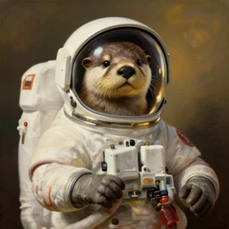 otter cosmonaut, proudly posing for a portrait, painted by rembrandt, intricate, detailed, atmospheric lighting, golden hour.