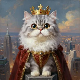 a fantasy portrait painting of an anthropomorphic! silver and white brindle persian! cat with very big! round! eyes! wide!, as a renaissance queen with crown! in head, standing on a skyscraper overlooking a vast city, centered, cinematic, beautiful lighting, dramatic