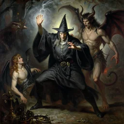 imposing wizard man, casting dark magic, summoning a handsome demon. highly detailed painting by gaston bussiere, craig mullins, j. c. leyendecker 8 k